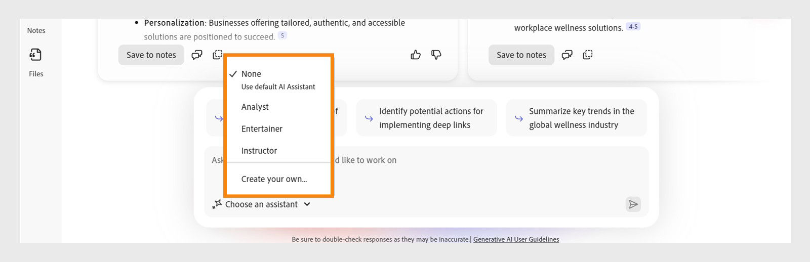 PDF Space chat panel showing options to select a specialist AI Assistant, such as Analyst or Entertainer for personalized insights.