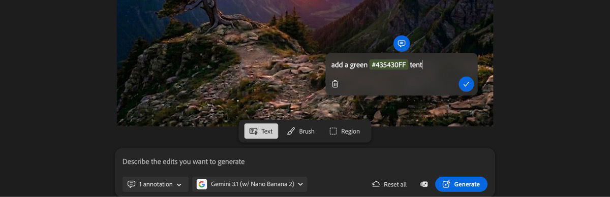The AI markup page in the Edit tab shows a text box with the text "remove tree" and the Text option selected.