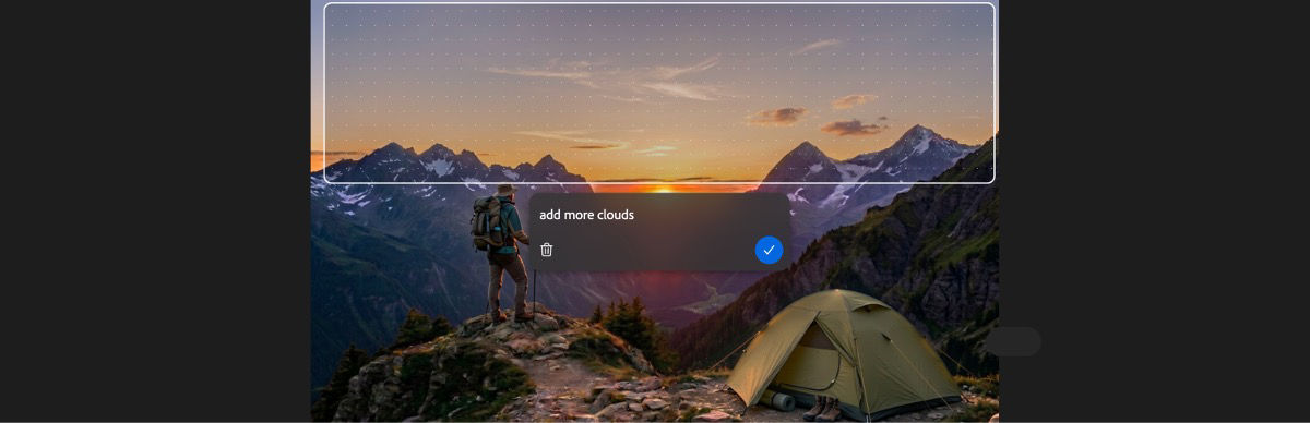 The AI markup on the Edit page shows the region selection tool highlighting a tent along with the prompt 'remove tent'.