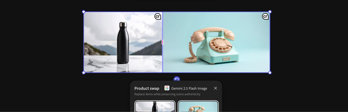 Select images from the canvas to apply the Product swap by Gemini 2.5 Flash Image preset.