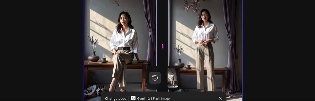 Generated image using the Change pose by Gemini 2.5 Flash Image preset.