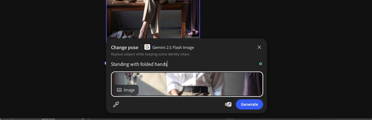 Select image from the canvas to apply the Change pose by Gemini 2.5 Flash Image preset.