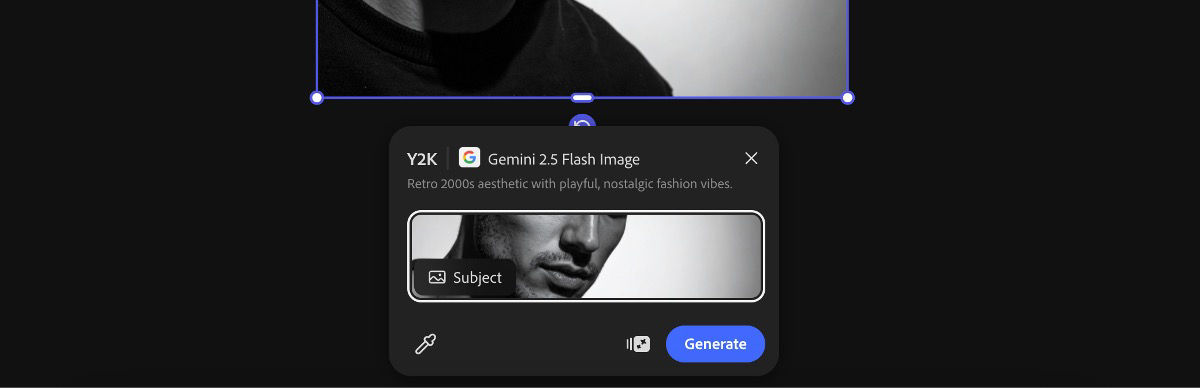 Select an image from the canvas to apply the Y2K with Gemini 2.5 Flash Image preset.