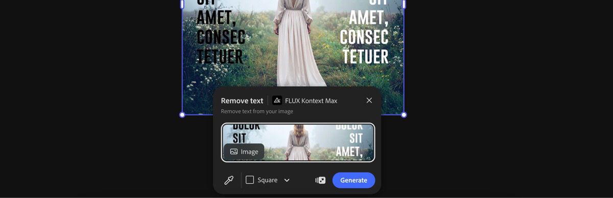 Select an image from the canvas to apply the Remove text by FLUX Kontext Max preset.