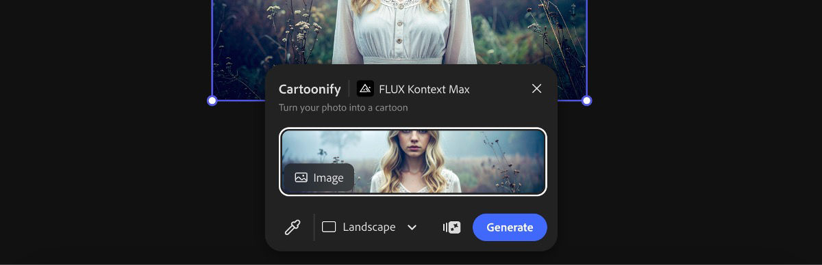 Select an image from the canvas to apply the Cartoonify by FLUX Kontext Max preset.
