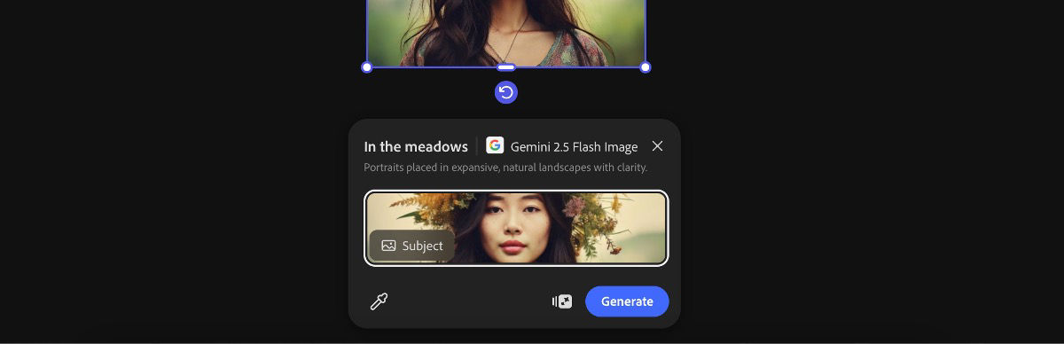 Select an image from the canvas to apply the In the meadows by Gemini 2.5 Flash Image preset.