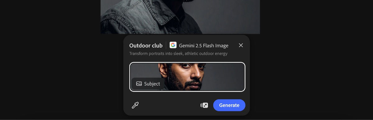 Select an image from the canvas to apply the Outdoor club by Gemini 2.5 Flash Image preset.