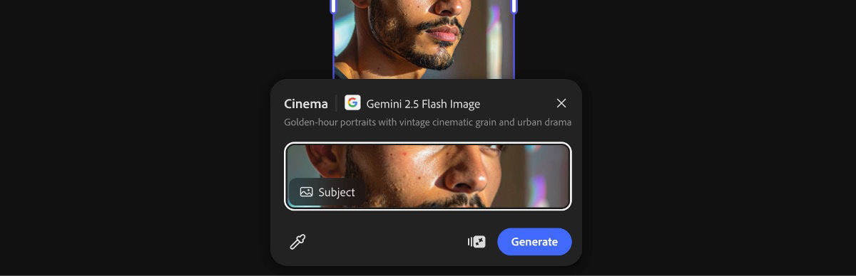 Select an image from the canvas to apply the Cinema by Gemini 2.5 Flash Image preset.