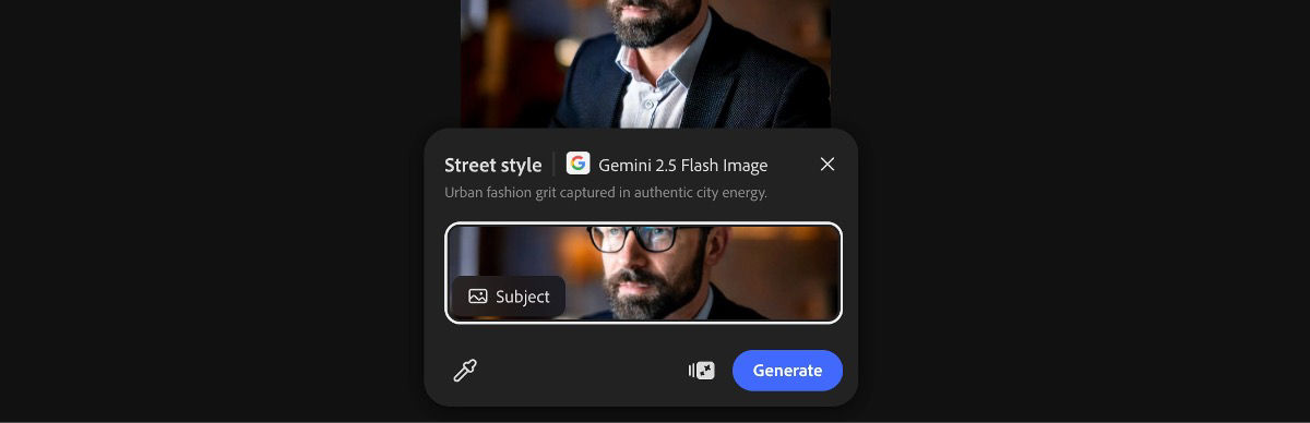 Select an image from the canvas to apply the Street style by Gemini 2.5 Flash Image preset.