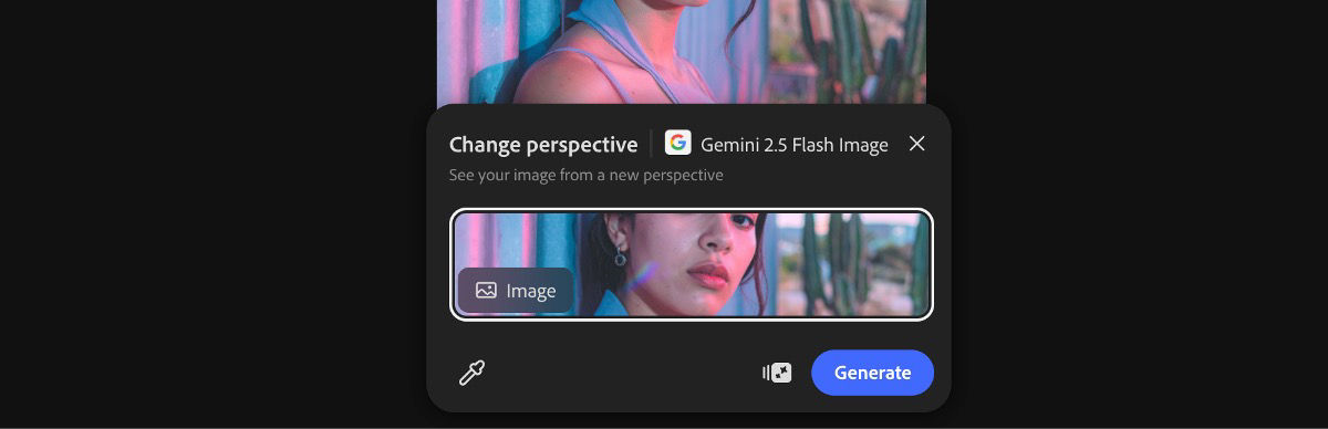 Select an image from the canvas to apply the Change perspective by Gemini 2.5 Flash Image preset.