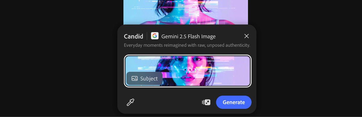 Select an image from the canvas to apply the Candid by Gemini 2.5 Flash Image preset.