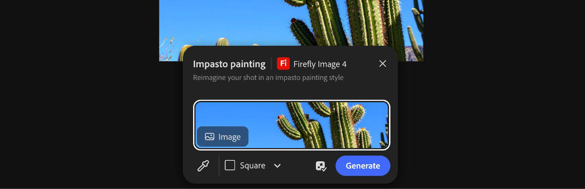 Select an image from the canvas to apply the Impasto painting by Firefly Image 4 preset.