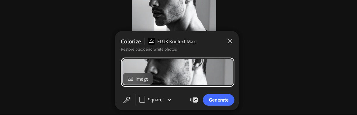 Select an image from the canvas to apply the Colorize using FLUX Kontext Max preset.