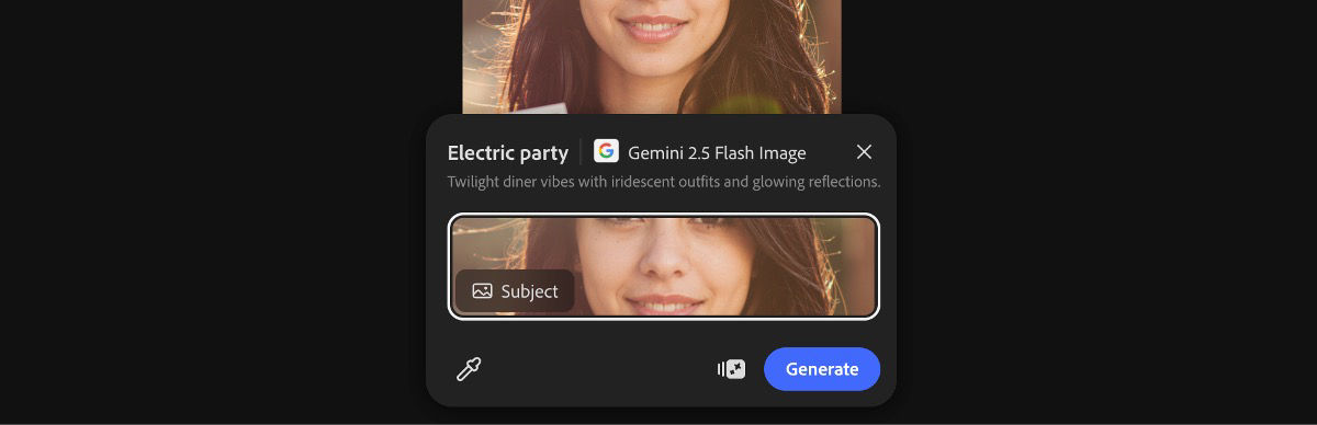 Select image from the canvas to apply the Electric party by Gemini 2.5 Flash Image preset.