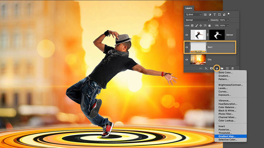 Apply a Gradient Map to the Swirl layer in the Photoshop workspace