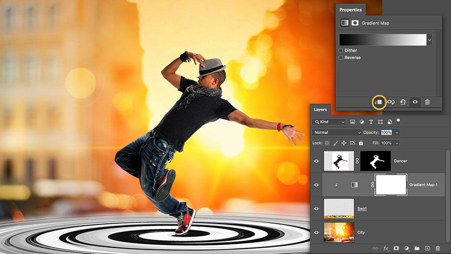 The clipping icon is highlighted at the bottom of the Properties panel