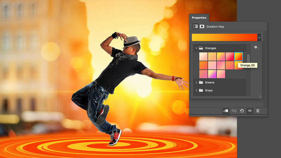 Orange_05 gradient preset selected in the Properties panel