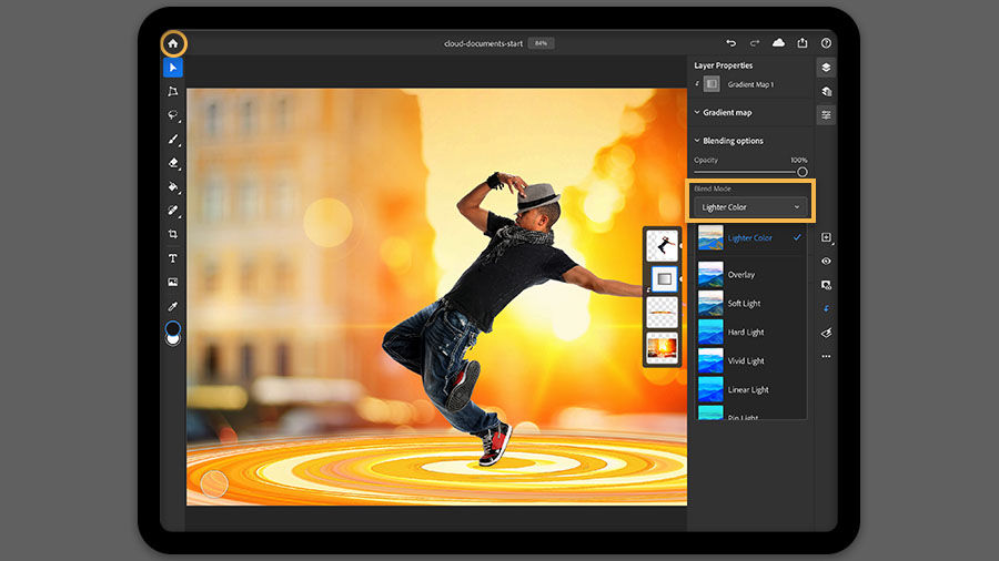 Lighter Color blend mode selected in the Blending Modes menu