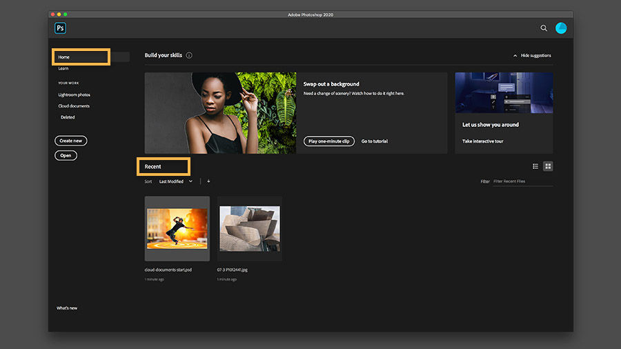 The Home tab of Photoshop on the desktop includes thumbnails of your recent iPad projects