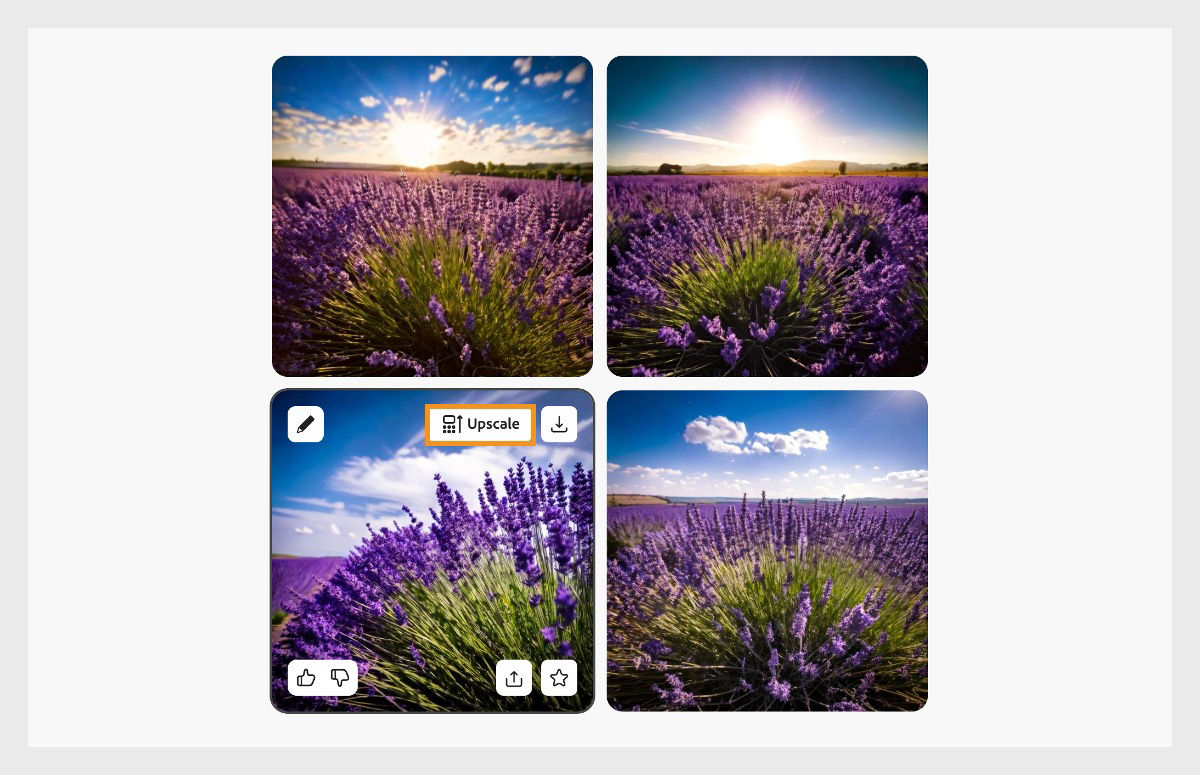 There are four generated image variations and one of them is active with different options enabled, including Upscale.