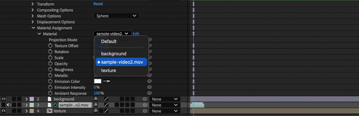 Material dropdown open on a Sphere Mesh layer, listing comp layers background, sample-video2.mov, and texture as material sources, with sample-video2.mov selected.