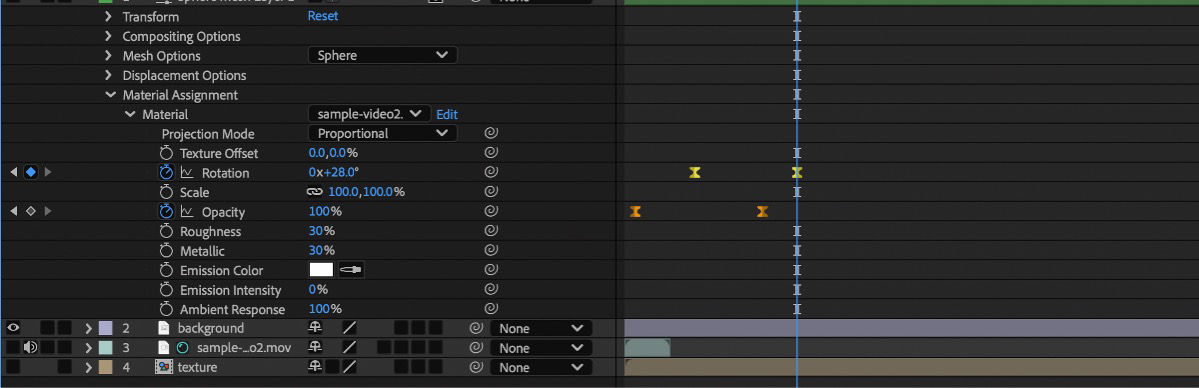 Rotation and Opacity keyframed on the sample-video2.mov material, with Projection Mode set to Proportional.