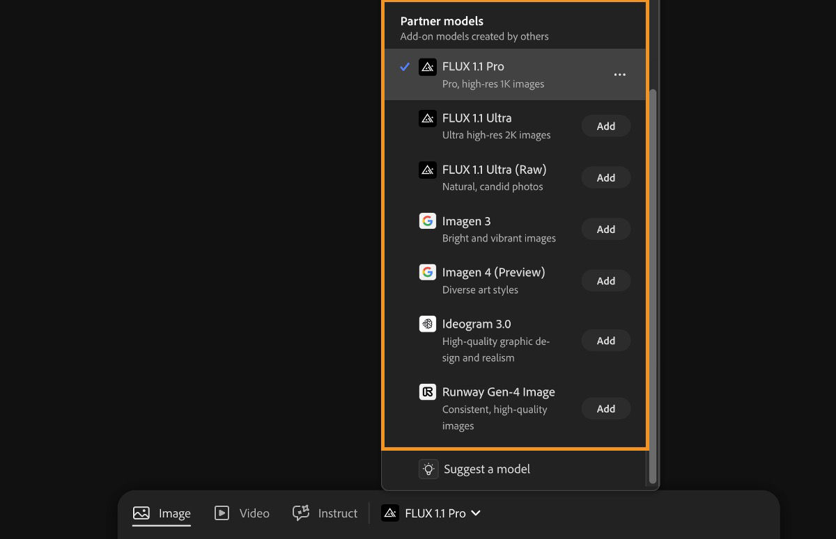 The list of Firefly and Non-Firefly models is available to choose from to generate images and add them to the canvas. Currently, the Firefly Image 3 (Fast) is highlighted.