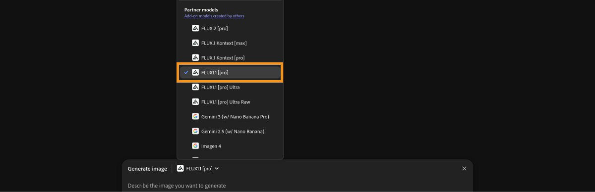 The list of Firefly and Non-Firefly models is available to choose from to generate images and add them to the canvas. Currently, the Firefly Image 3 (Fast) is highlighted.