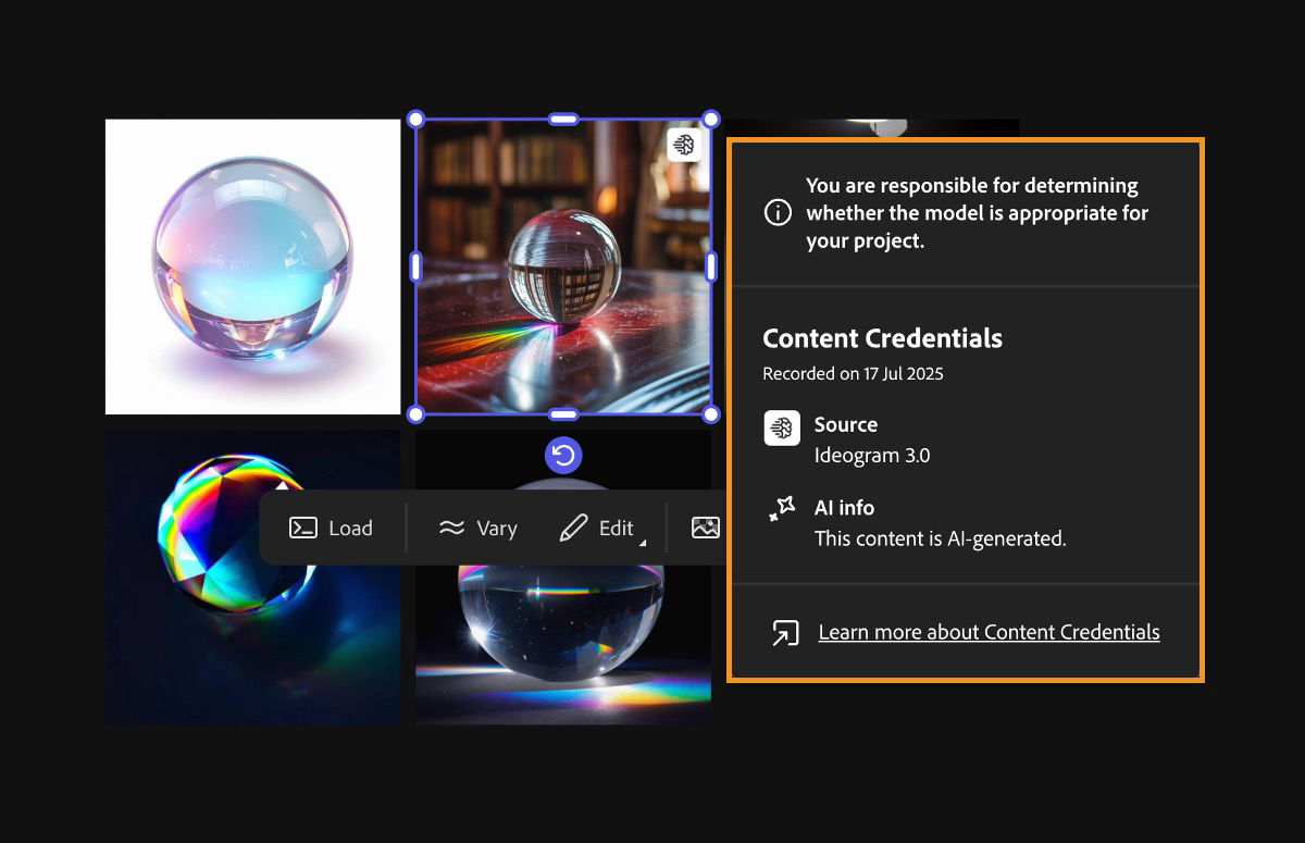 When the Content Credentials of an image on the canvas are selected, they display all the details about the image, including its source and AI information.