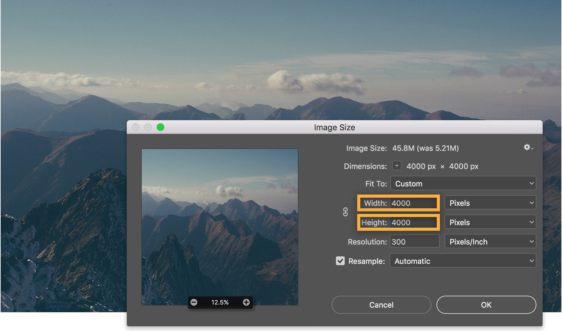 Set the Width and Height values to 4000px in the Image Size dialog box