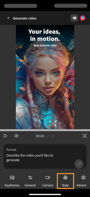 In the Generate video screen, the Style option at the bottom panel is highlighted.