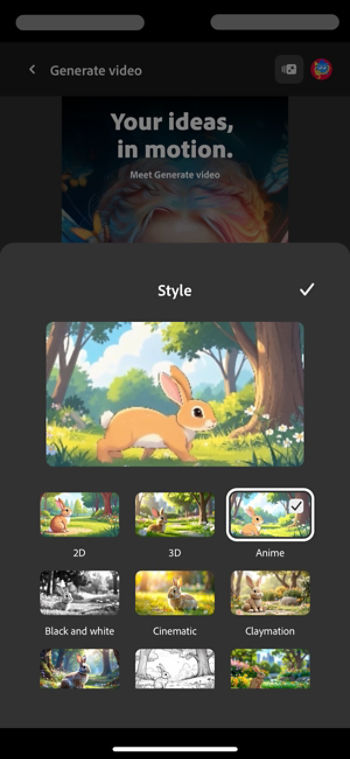 The Style section is open and there are a list of presets to select from. The Anime preset is selected for the video generation.