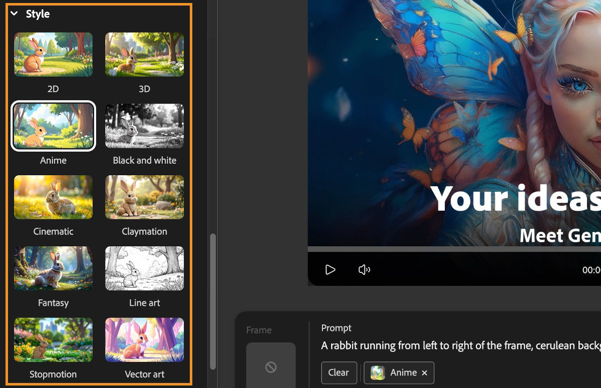 The Prompt field contains a text description for video generation. In the generation settings panel, under the Style section, the Anime style preset is selected from a list of available style presets.