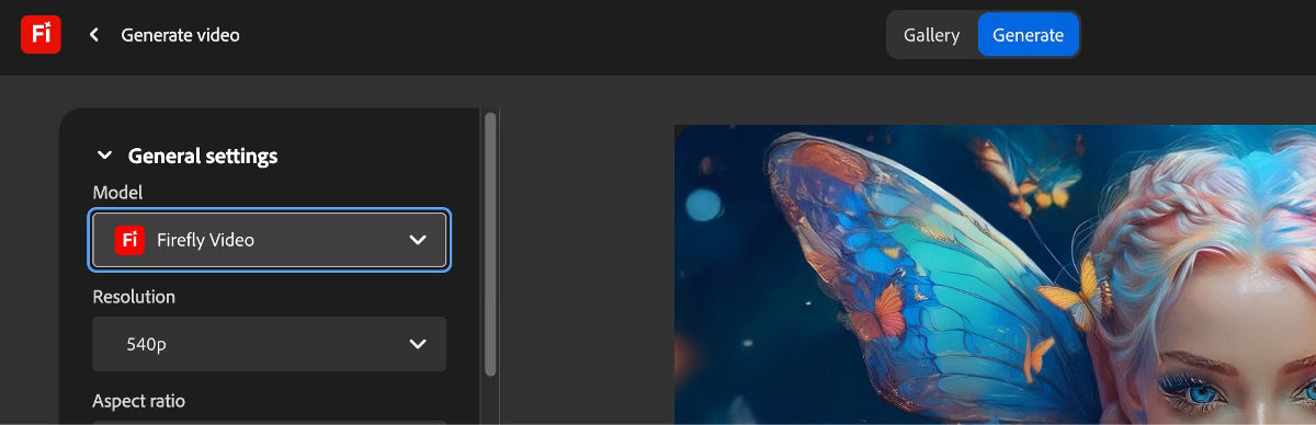 In the Generate video page, in the General settings, Firefly Video is selected as the Model for video generation.