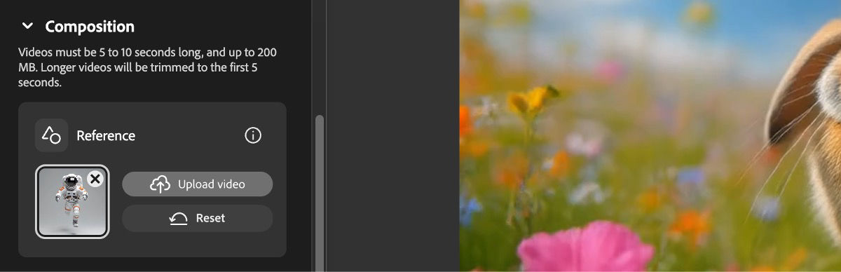 In the Composition section, under Reference, a video is uploaded. There are option to Reset to remove the reference video.