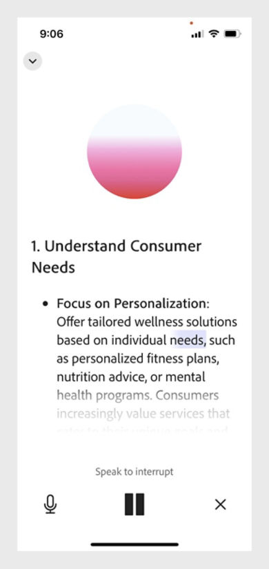 Acrobat PDF Spaces in handsfree voice mode with options to mute microphone and pause the audio playback.
