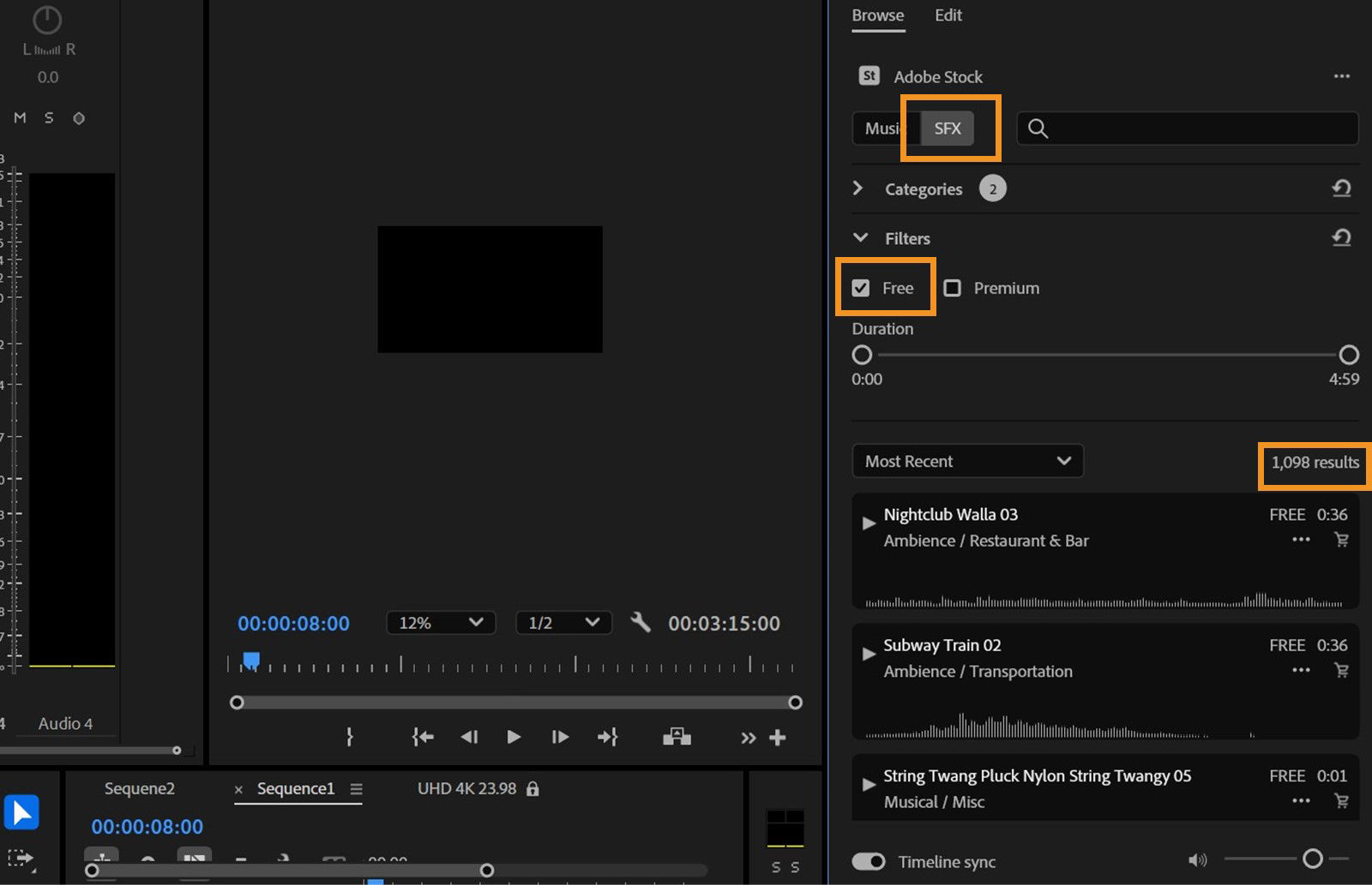 Essential Sound panel UI is open, Free music option is filtered, and available free music tracks are displayed. 