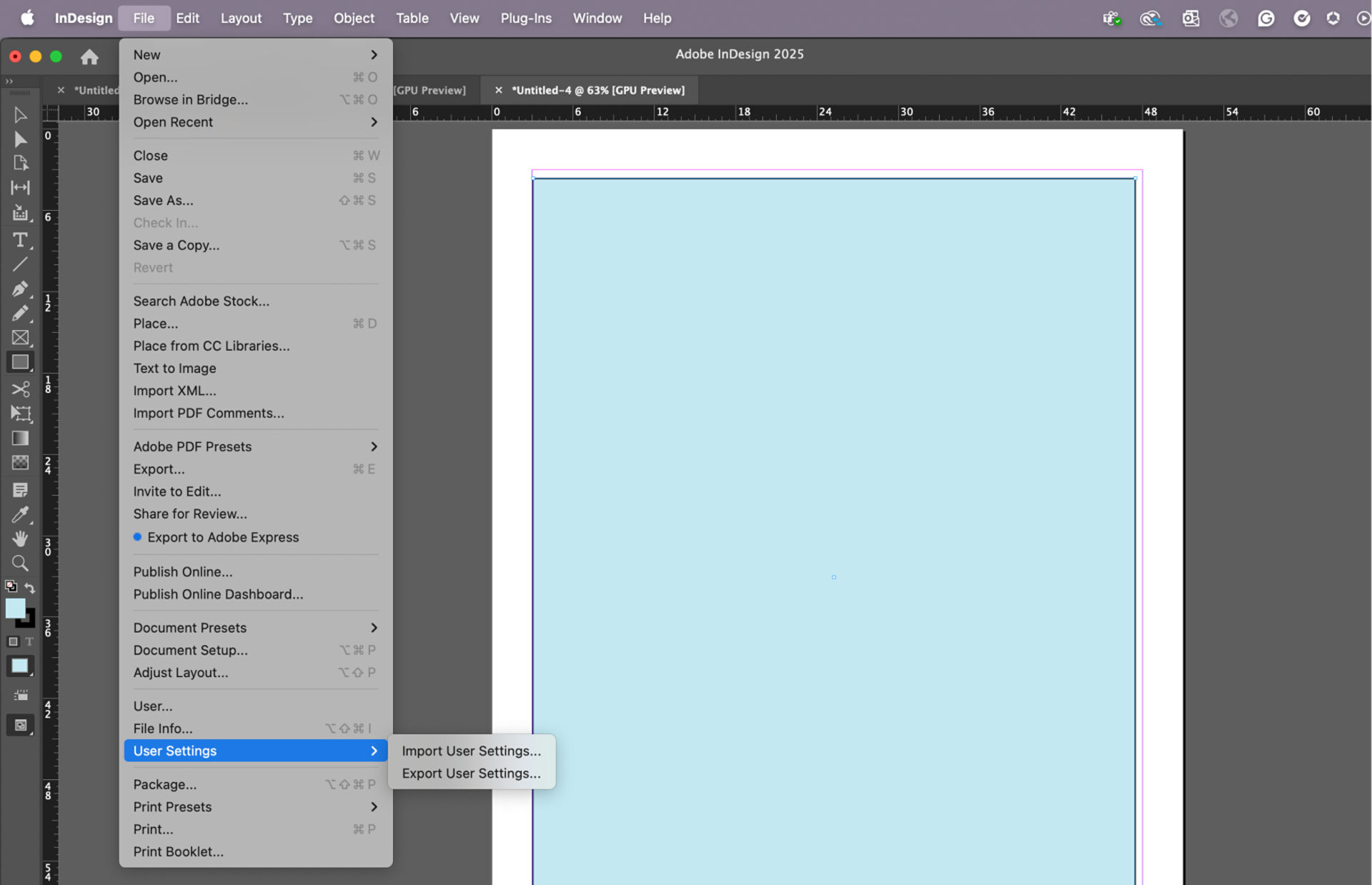 a screen showing the options user settings > import > export user settings