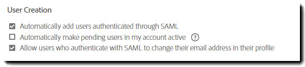User Creation settings