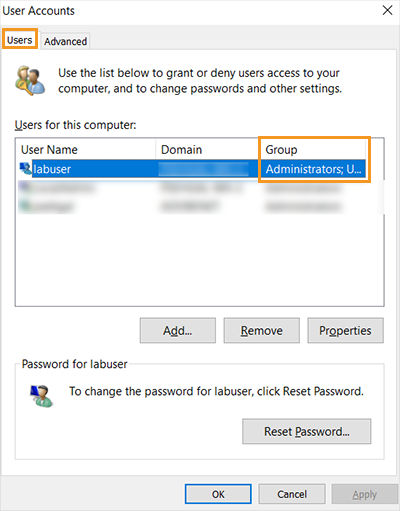 Users tab in Windows