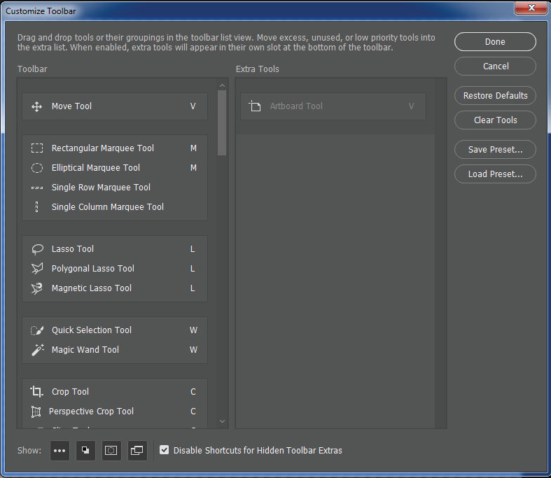 Photoshop Customize Toolbar dialog