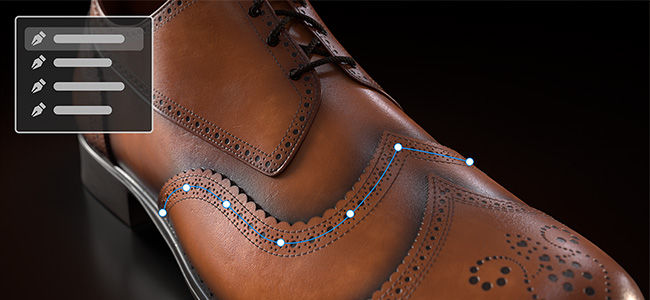 Close up of a leather shoe with a path dranw on top with its helper UI