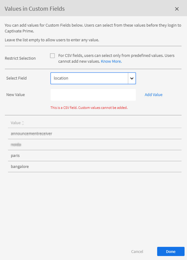 Values in Custom Fields dialog box