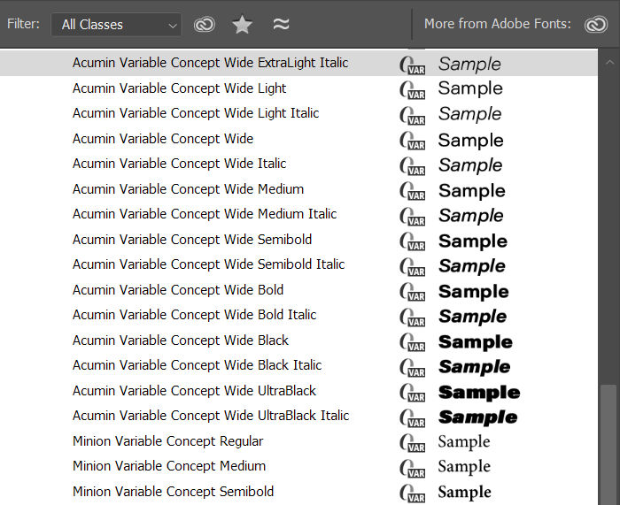 Schriftliste: Einige variable Schriften