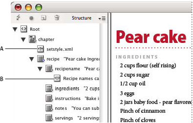 InDesign Structure pane with text snippets showing
