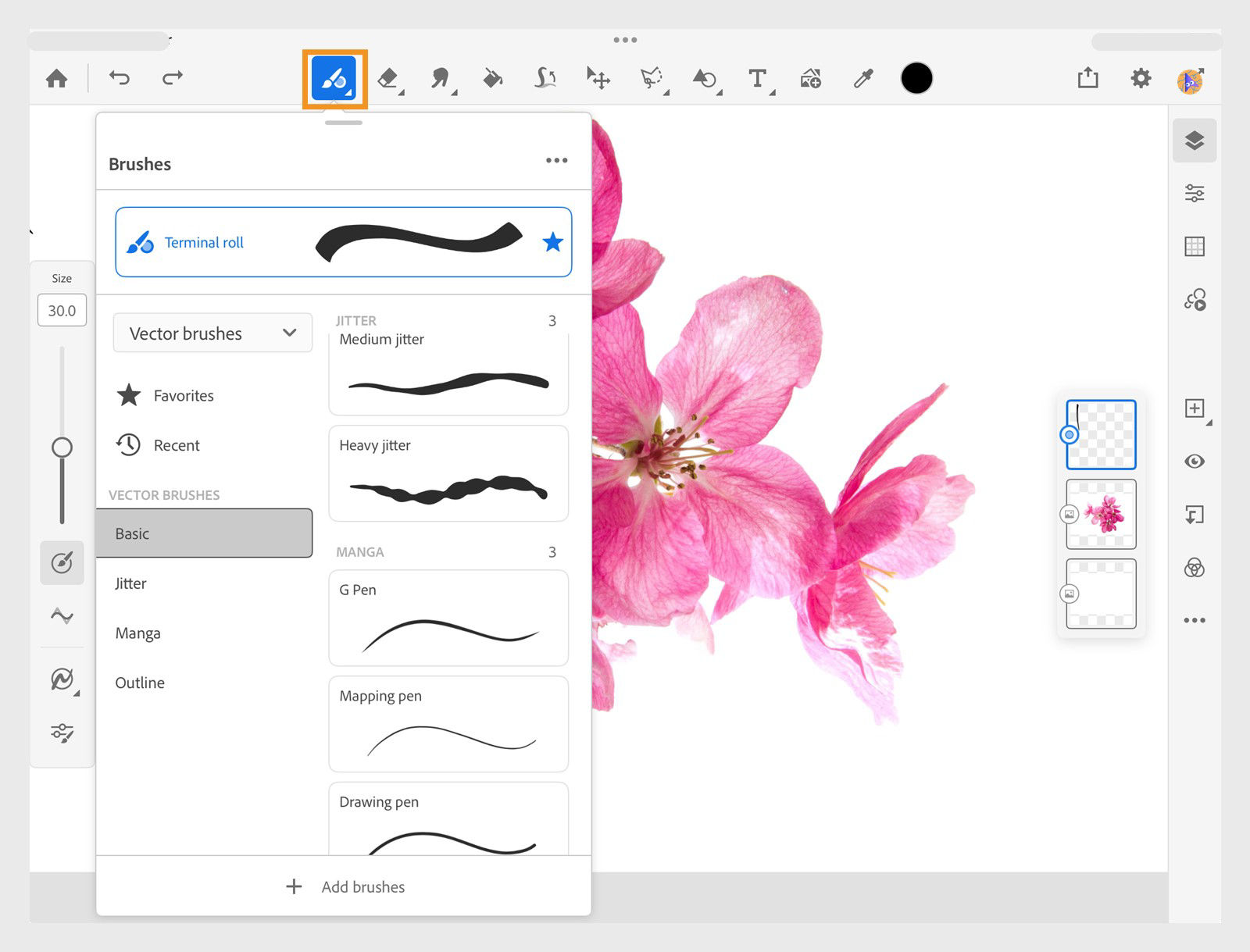 The brushes panel is open and is displaying various vector brush names with the relevant brush image. 