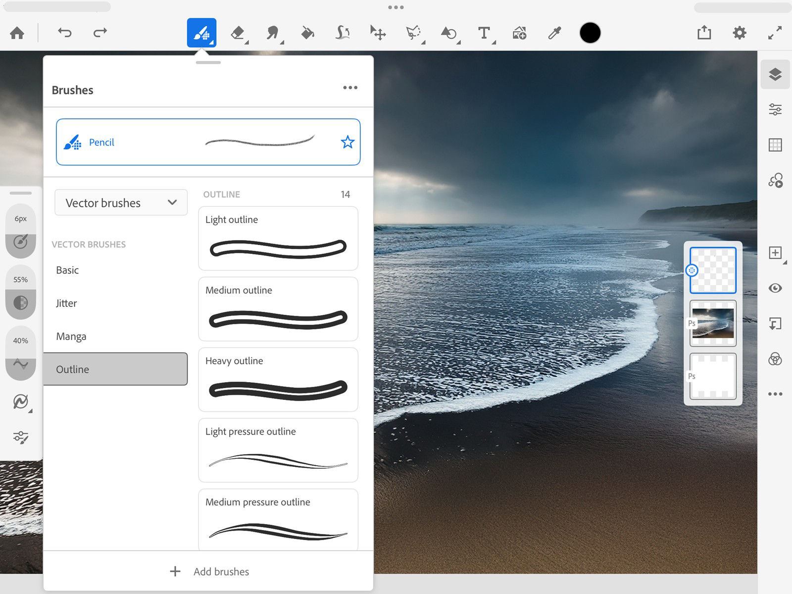 The brushes panel is open and is displaying various vector brush names with the relevant brush image. 