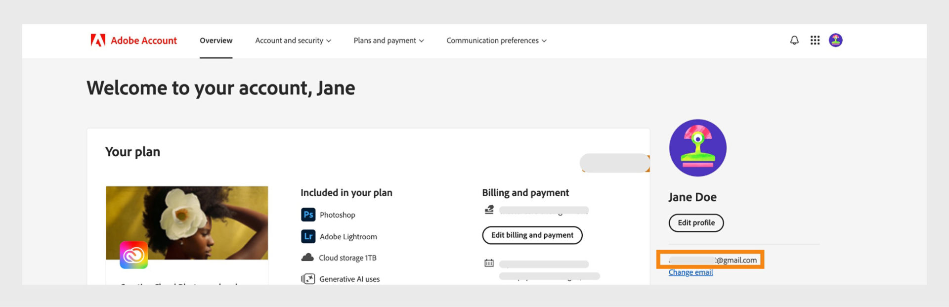 Adobe Account overview page displaying details of the active apps, billing information, and account management options.