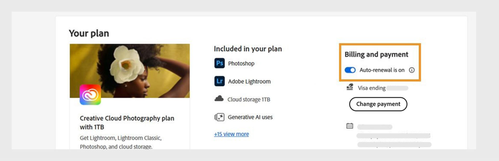 The Auto-renewal toggle, available under Billing and payment on the right side of the Your plan section, allows you to turn auto-renewal on or off for your plan. 
