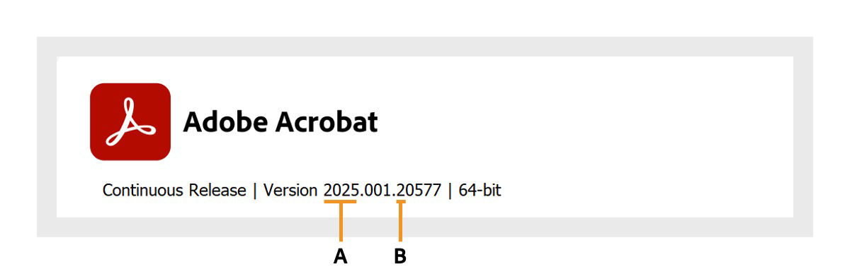 The Adobe Acrobat version string for continous release is displayed with callouts.  